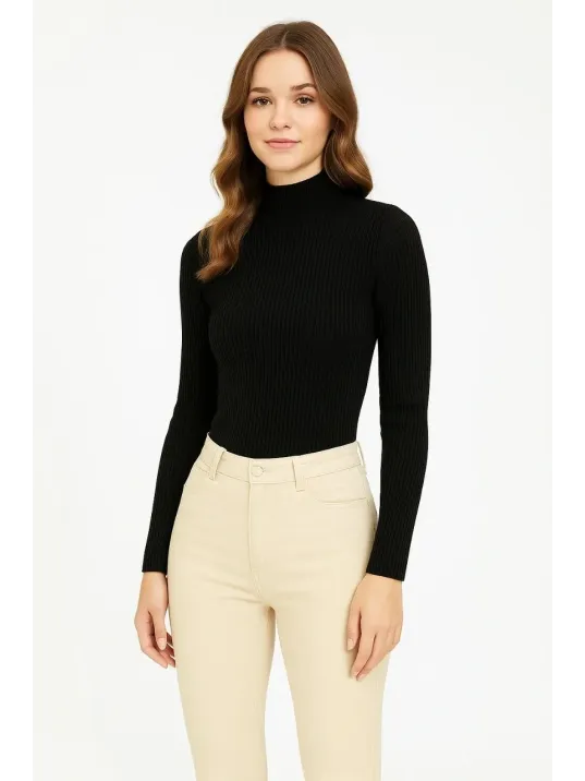 Kadın Tam Boğazlı Fitilli Likrali Koşkorse Badi - Siyah Kadın Tam Boğazlı Fitilli Likrali Koşkorse Badi - Siyah