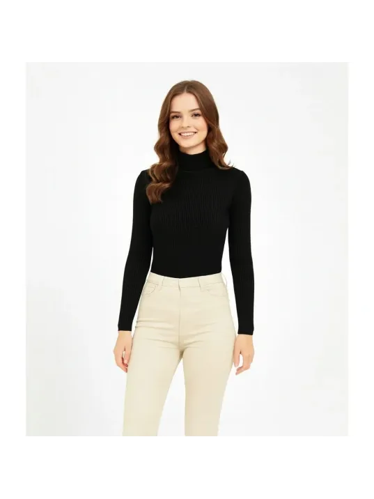 Kadın Tam Boğazlı Fitilli Likrali Koşkorse Badi - Siyah Kadın Tam Boğazlı Fitilli Likrali Koşkorse Badi - Siyah