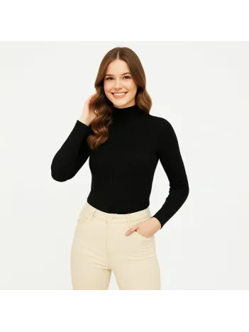 Kadın Tam Boğazlı Fitilli Likrali Koşkorse Badi - Siyah