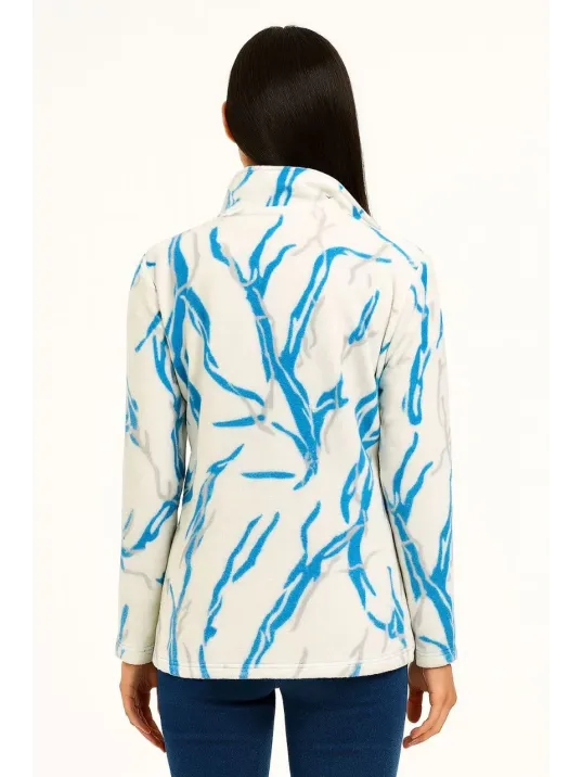 Kadın Tam Fermuarlı Desenli Polar Sweat Lightning Desen Yakalı, Uzun Kollu, Oversize Rahat Kalıp - Beyaz