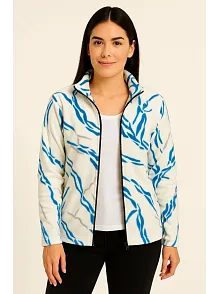 Kadın Tam Fermuarlı Desenli Polar Sweat Lightning Desen Yakalı, Uzun Kollu, Oversize Rahat Kalıp - Beyaz