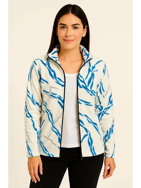 Kadın Tam Fermuarlı Desenli Polar Sweat Lightning Desen Yakalı, Uzun Kollu, Oversize Rahat Kalıp - Beyaz