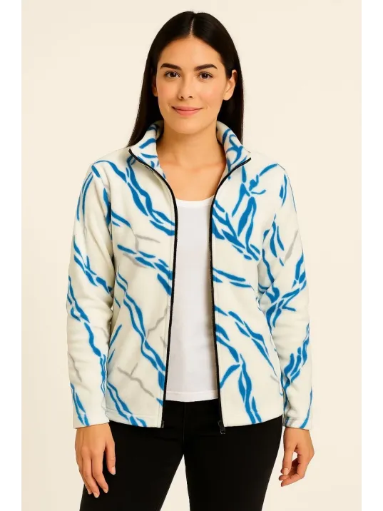 Kadın Tam Fermuarlı Desenli Polar Sweat Lightning Desen Yakalı, Uzun Kollu, Oversize Rahat Kalıp - Beyaz