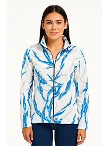 Kadın Tam Fermuarlı Desenli Polar Sweat Lightning Desen Yakalı, Uzun Kollu, Oversize Rahat Kalıp - Beyaz