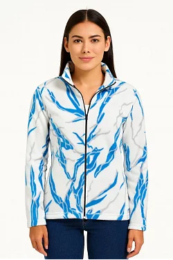 Kadın Tam Fermuarlı Desenli Polar Sweat Lightning Desen Yakalı, Uzun Kollu, Oversize Rahat Kalıp - Beyaz