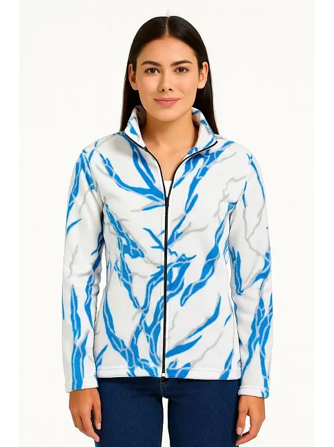 Kadın Tam Fermuarlı Desenli Polar Sweat Lightning Desen Yakalı, Uzun Kollu, Oversize Rahat Kalıp - Beyaz