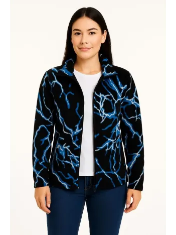 Kadın Tam Fermuarlı Desenli Polar Sweat Lightning Desen Yakalı, Uzun Kollu, Oversize Rahat Kalıp - Siyah Kadın Tam Fermuarlı Desenli Polar Sweat Lightning Desen Yakalı, Uzun Kollu, Oversize Rahat Kalıp - Siyah