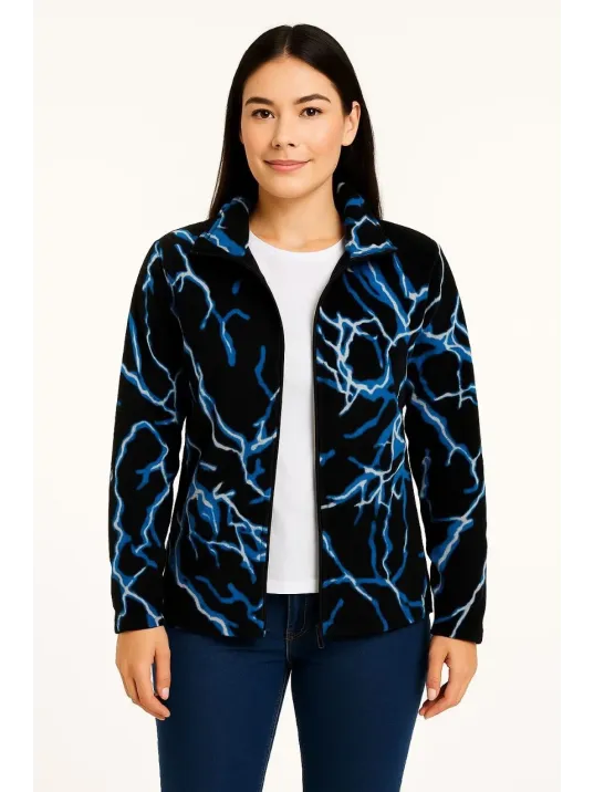 Kadın Tam Fermuarlı Desenli Polar Sweat Lightning Desen Yakalı, Uzun Kollu, Oversize Rahat Kalıp - Siyah Kadın Tam Fermuarlı Desenli Polar Sweat Lightning Desen Yakalı, Uzun Kollu, Oversize Rahat Kalıp - Siyah