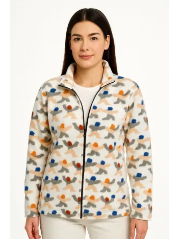Kadın Tam Fermuarlı Desenli Polar Sweat – Siyah Multicolor Figür Desen Yakalı, Uzun Kollu, Oversize Rahat Kalıp - Beyaz Kadın Tam Fermuarlı Desenli Polar Sweat – Siyah Multicolor Figür Desen Yakalı, Uzun Kollu, Oversize Rahat Kalıp - Beyaz