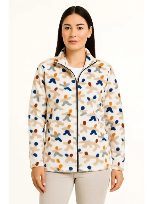 Kadın Tam Fermuarlı Desenli Polar Sweat – Siyah Multicolor Figür Desen Yakalı, Uzun Kollu, Oversize Rahat Kalıp - Beyaz Kadın Tam Fermuarlı Desenli Polar Sweat – Siyah Multicolor Figür Desen Yakalı, Uzun Kollu, Oversize Rahat Kalıp - Beyaz