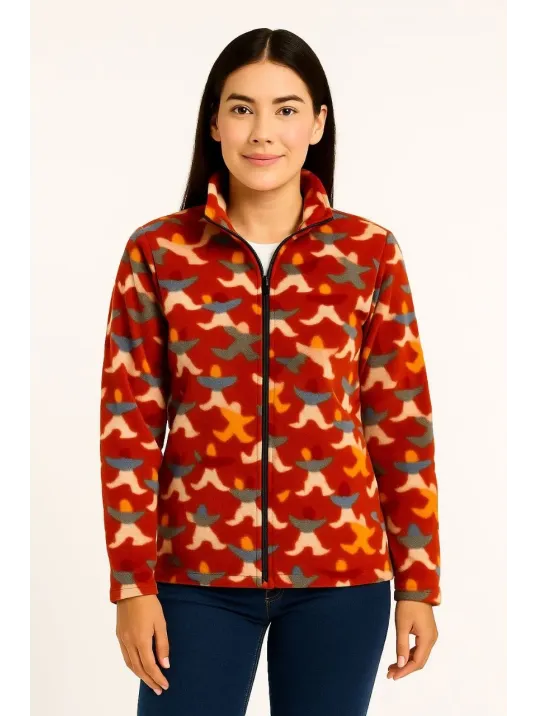 Kadın Tam Fermuarlı Desenli Polar Sweat – Siyah Multicolor Figür Desen Yakalı, Uzun Kollu, Oversize Rahat Kalıp - Kiremit Kadın Tam Fermuarlı Desenli Polar Sweat – Siyah Multicolor Figür Desen Yakalı, Uzun Kollu, Oversize Rahat Kalıp - Kiremit