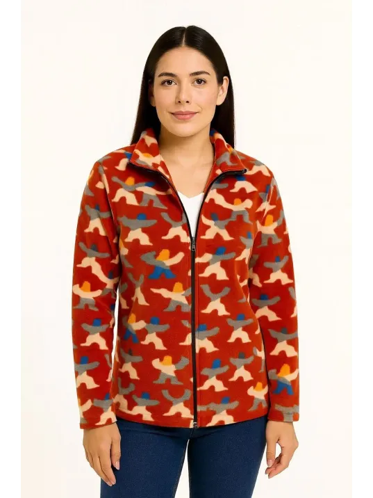 Kadın Tam Fermuarlı Desenli Polar Sweat – Siyah Multicolor Figür Desen Yakalı, Uzun Kollu, Oversize Rahat Kalıp - Kiremit Kadın Tam Fermuarlı Desenli Polar Sweat – Siyah Multicolor Figür Desen Yakalı, Uzun Kollu, Oversize Rahat Kalıp - Kiremit