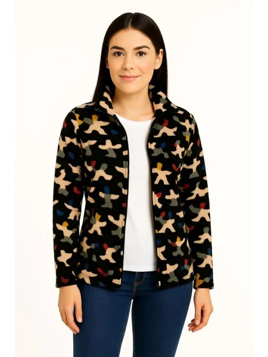 Kadın Tam Fermuarlı Desenli Polar Sweat – Siyah Multicolor Figür Desen Yakalı, Uzun Kollu, Oversize Rahat Kalıp - Siyah Kadın Tam Fermuarlı Desenli Polar Sweat – Siyah Multicolor Figür Desen Yakalı, Uzun Kollu, Oversize Rahat Kalıp - Siyah