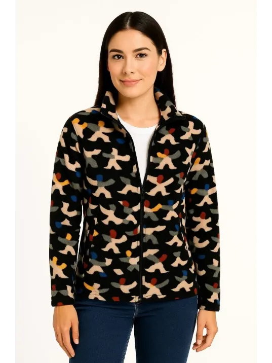 Kadın Tam Fermuarlı Desenli Polar Sweat – Siyah Multicolor Figür Desen Yakalı, Uzun Kollu, Oversize Rahat Kalıp - Siyah Kadın Tam Fermuarlı Desenli Polar Sweat – Siyah Multicolor Figür Desen Yakalı, Uzun Kollu, Oversize Rahat Kalıp - Siyah