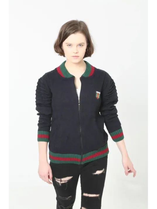 Kadın Tam Fermuarlı Triko Hırka - Lacivert Kadın Tam Fermuarlı Triko Hırka - Lacivert