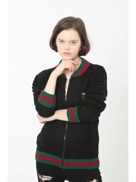 Kadın Tam Fermuarlı Triko Hırka - Siyah Kadın Tam Fermuarlı Triko Hırka - Siyah