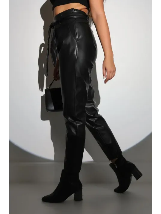 Kadın Tam Kalıp Süni Deri Pantolon - Siyah