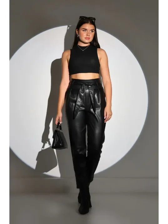 Kadın Tam Kalıp Süni Deri Pantolon - Siyah