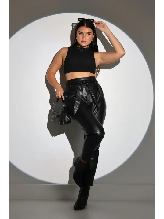 Kadın Tam Kalıp Süni Deri Pantolon - Siyah