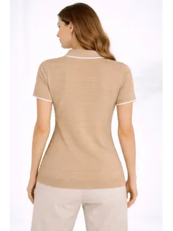 Kadın Triko Kumaş Yakalı Düğmesiz Açık Yaka Fitilli Kısa Kollu Regular Fit Tişört T-shirt - Bej