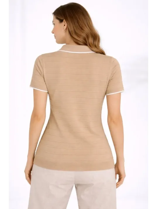 Kadın Triko Kumaş Yakalı Düğmesiz Açık Yaka Fitilli Kısa Kollu Regular Fit Tişört T-shirt - Bej