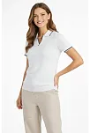 Kadın Triko Kumaş Yakalı Düğmesiz Açık Yaka Fitilli Kısa Kollu Regular Fit Tişört T-shirt - Beyaz