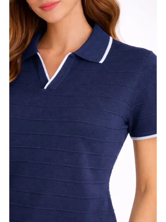 Kadın Triko Kumaş Yakalı Düğmesiz Açık Yaka Fitilli Kısa Kollu Regular Fit Tişört T-shirt - Lacivert