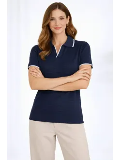 Kadın Triko Kumaş Yakalı Düğmesiz Açık Yaka Fitilli Kısa Kollu Regular Fit Tişört T-shirt - Lacivert