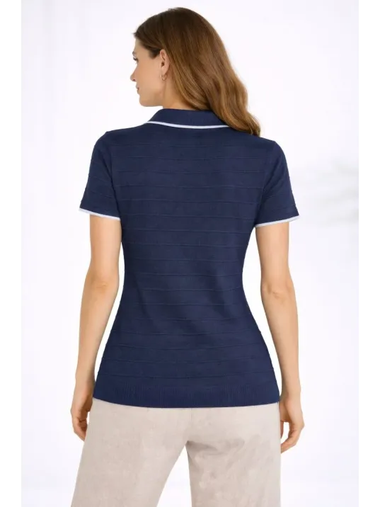 Kadın Triko Kumaş Yakalı Düğmesiz Açık Yaka Fitilli Kısa Kollu Regular Fit Tişört T-shirt - Lacivert