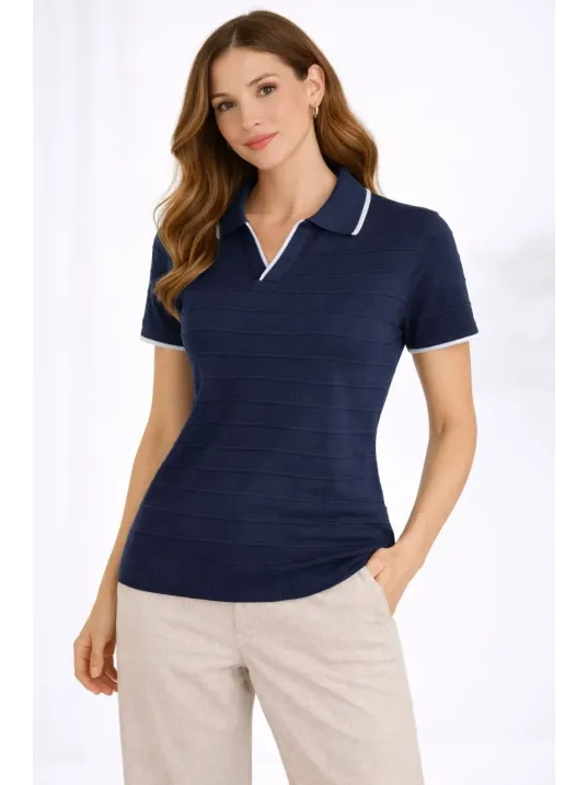 Kadın Triko Kumaş Yakalı Düğmesiz Açık Yaka Fitilli Kısa Kollu Regular Fit Tişört T-shirt - Lacivert