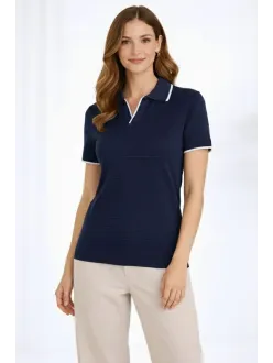 Kadın Triko Kumaş Yakalı Düğmesiz Açık Yaka Fitilli Kısa Kollu Regular Fit Tişört T-shirt - Lacivert