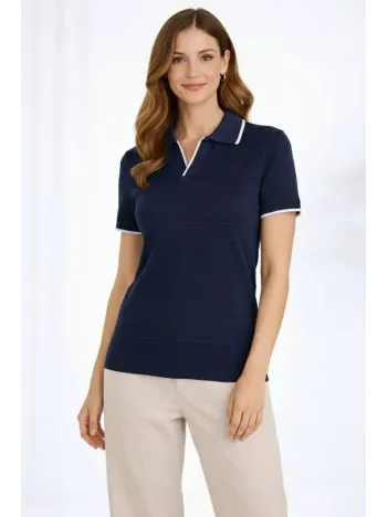 Kadın Triko Kumaş Yakalı Düğmesiz Açık Yaka Fitilli Kısa Kollu Regular Fit Tişört T-shirt - Lacivert