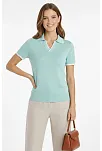 Kadın Triko Kumaş Yakalı Düğmesiz Açık Yaka Fitilli Kısa Kollu Regular Fit Tişört T-shirt - Mint Yeşili