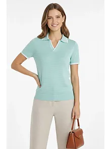 Kadın Triko Kumaş Yakalı Düğmesiz Açık Yaka Fitilli Kısa Kollu Regular Fit Tişört T-shirt - Mint Yeşili
