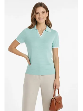 Kadın Triko Kumaş Yakalı Düğmesiz Açık Yaka Fitilli Kısa Kollu Regular Fit Tişört T-shirt - Mint Yeşili