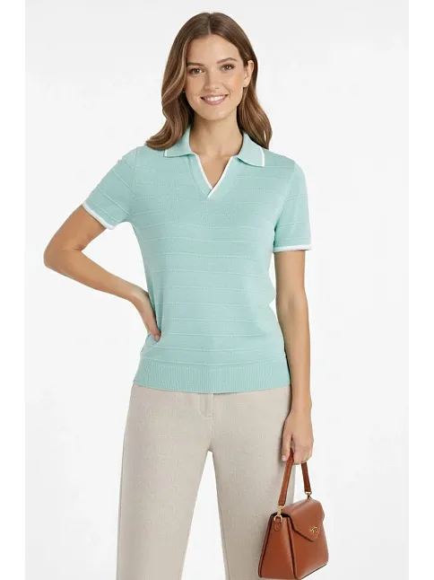 Kadın Triko Kumaş Yakalı Düğmesiz Açık Yaka Fitilli Kısa Kollu Regular Fit Tişört T-shirt - Mint Yeşili