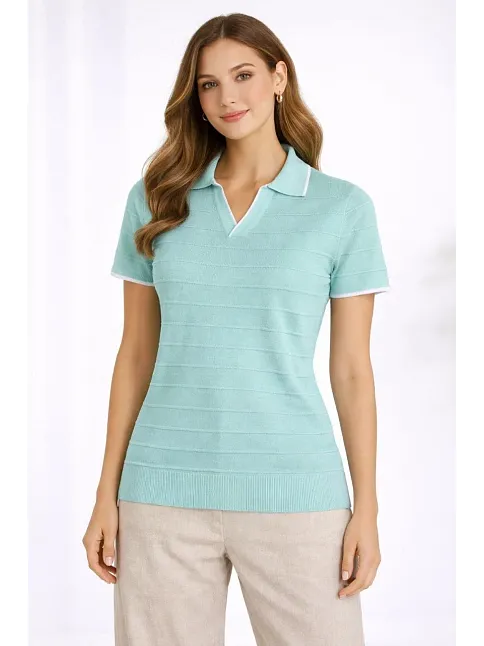 Kadın Triko Kumaş Yakalı Düğmesiz Açık Yaka Fitilli Kısa Kollu Regular Fit Tişört T-shirt - Mint Yeşili