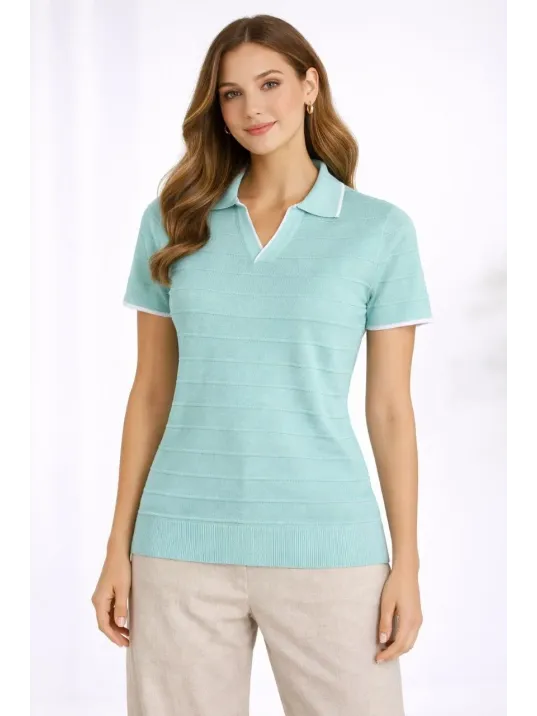 Kadın Triko Kumaş Yakalı Düğmesiz Açık Yaka Fitilli Kısa Kollu Regular Fit Tişört T-shirt - Mint Yeşili