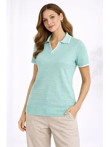 Kadın Triko Kumaş Yakalı Düğmesiz Açık Yaka Fitilli Kısa Kollu Regular Fit Tişört T-shirt - Mint Yeşili