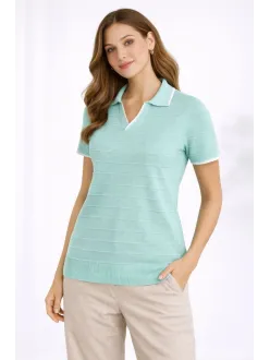 Kadın Triko Kumaş Yakalı Düğmesiz Açık Yaka Fitilli Kısa Kollu Regular Fit Tişört T-shirt - Mint Yeşili