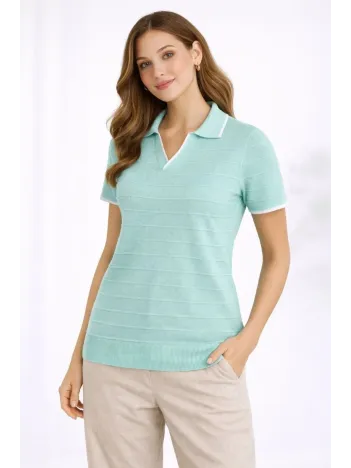 Kadın Triko Kumaş Yakalı Düğmesiz Açık Yaka Fitilli Kısa Kollu Regular Fit Tişört T-shirt - Mint Yeşili