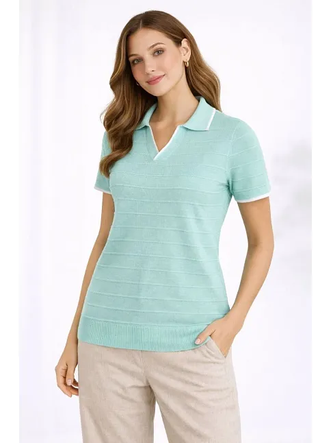 Kadın Triko Kumaş Yakalı Düğmesiz Açık Yaka Fitilli Kısa Kollu Regular Fit Tişört T-shirt - Mint Yeşili