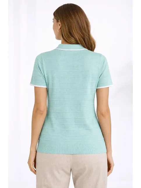Kadın Triko Kumaş Yakalı Düğmesiz Açık Yaka Fitilli Kısa Kollu Regular Fit Tişört T-shirt - Mint Yeşili