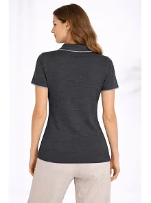 Kadın Triko Kumaş Yakalı Düğmesiz Açık Yaka Fitilli Kısa Kollu Regular Fit Tişört T-shirt - Siyah