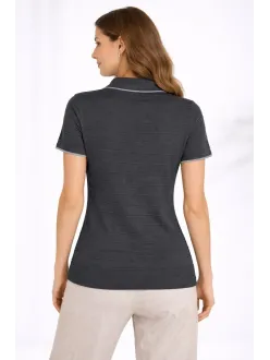 Kadın Triko Kumaş Yakalı Düğmesiz Açık Yaka Fitilli Kısa Kollu Regular Fit Tişört T-shirt - Siyah