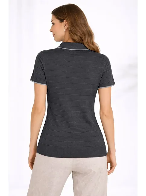 Kadın Triko Kumaş Yakalı Düğmesiz Açık Yaka Fitilli Kısa Kollu Regular Fit Tişört T-shirt - Siyah