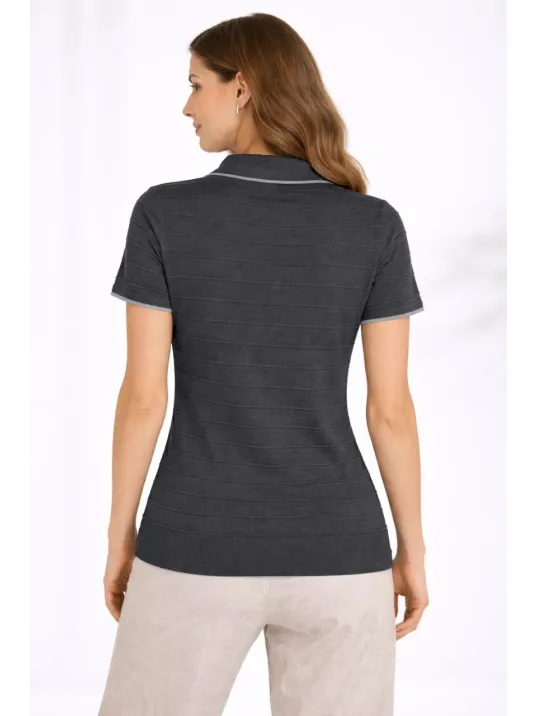 Kadın Triko Kumaş Yakalı Düğmesiz Açık Yaka Fitilli Kısa Kollu Regular Fit Tişört T-shirt - Siyah