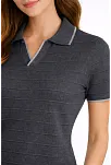 Kadın Triko Kumaş Yakalı Düğmesiz Açık Yaka Fitilli Kısa Kollu Regular Fit Tişört T-shirt - Siyah
