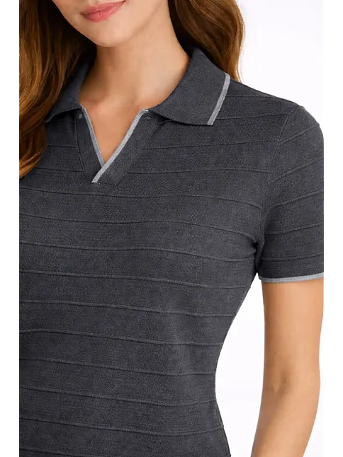 Kadın Triko Kumaş Yakalı Düğmesiz Açık Yaka Fitilli Kısa Kollu Regular Fit Tişört T-shirt - Siyah