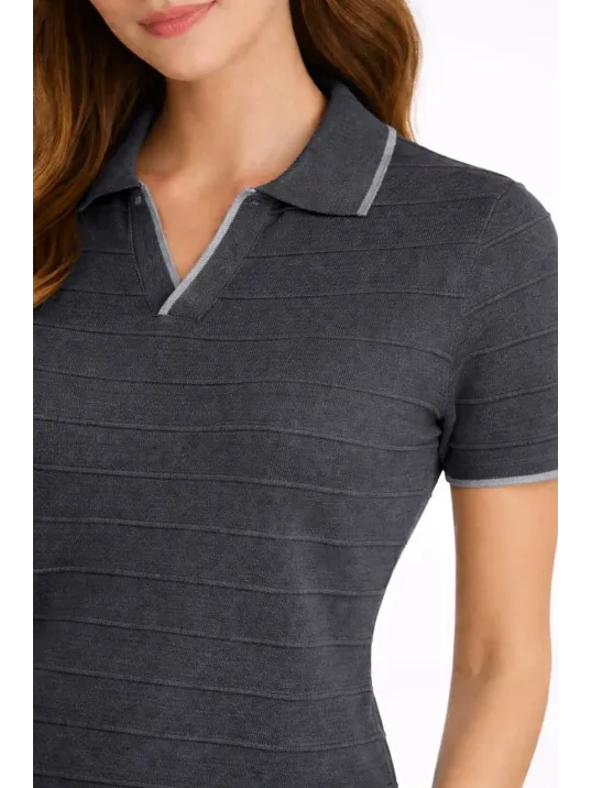 Kadın Triko Kumaş Yakalı Düğmesiz Açık Yaka Fitilli Kısa Kollu Regular Fit Tişört T-shirt - Siyah